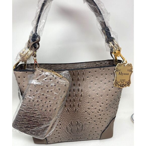 Alyssa Handbags - New Alyssa Faux Leather Croc Vegan 2 Piece Wallet & Bag Set Tan Shoulder Bag